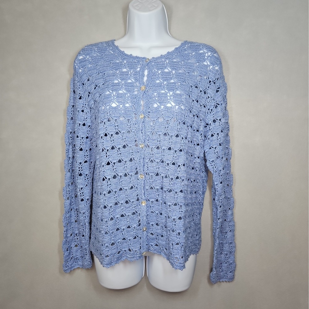 John Paul Richard Womens Blue Open Knit Button Front Cardigan Size Large
